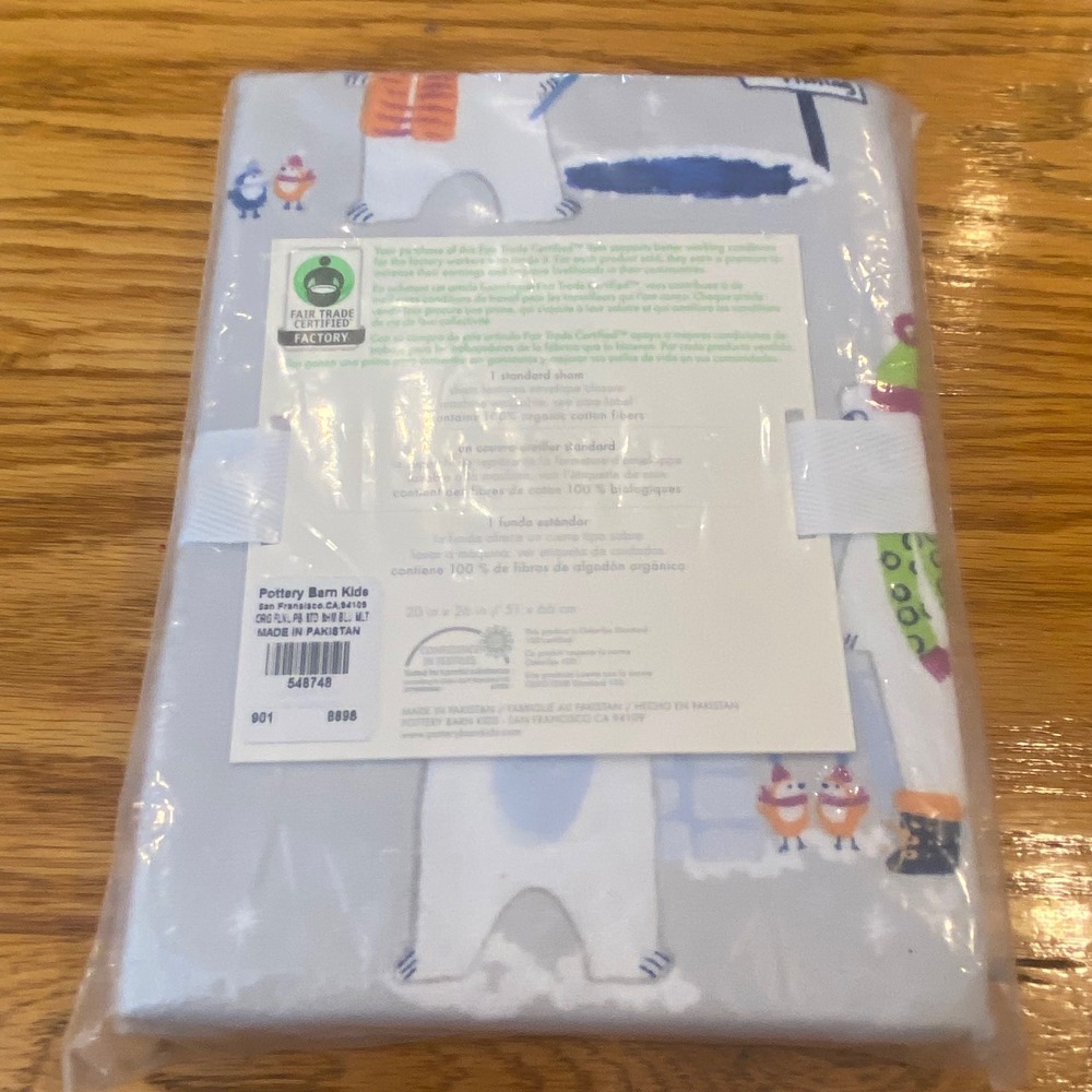 Pottery Barn Kids Pillow Sham Kids Standard Blue NEW Organic Flannel Polar Bear - Picture 3 of 6